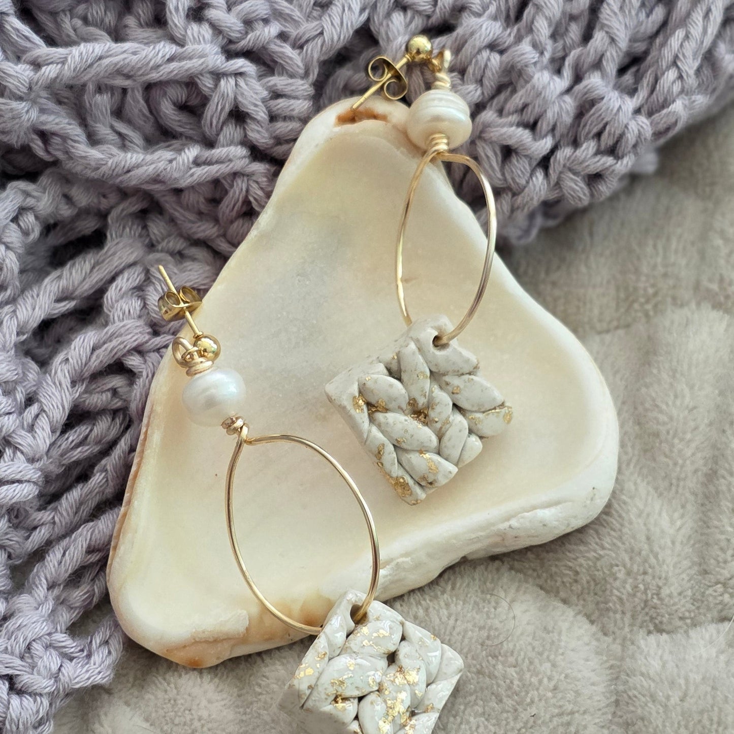 polymer clay earrings, handmade earrings, stone earrings, neutral earrings, pearl earrings, gold hoop earrings, artisan jewelry, minimalist earrings, elegant earrings, boho earrings, unique earrings, handcrafted jewelry, modern earrings